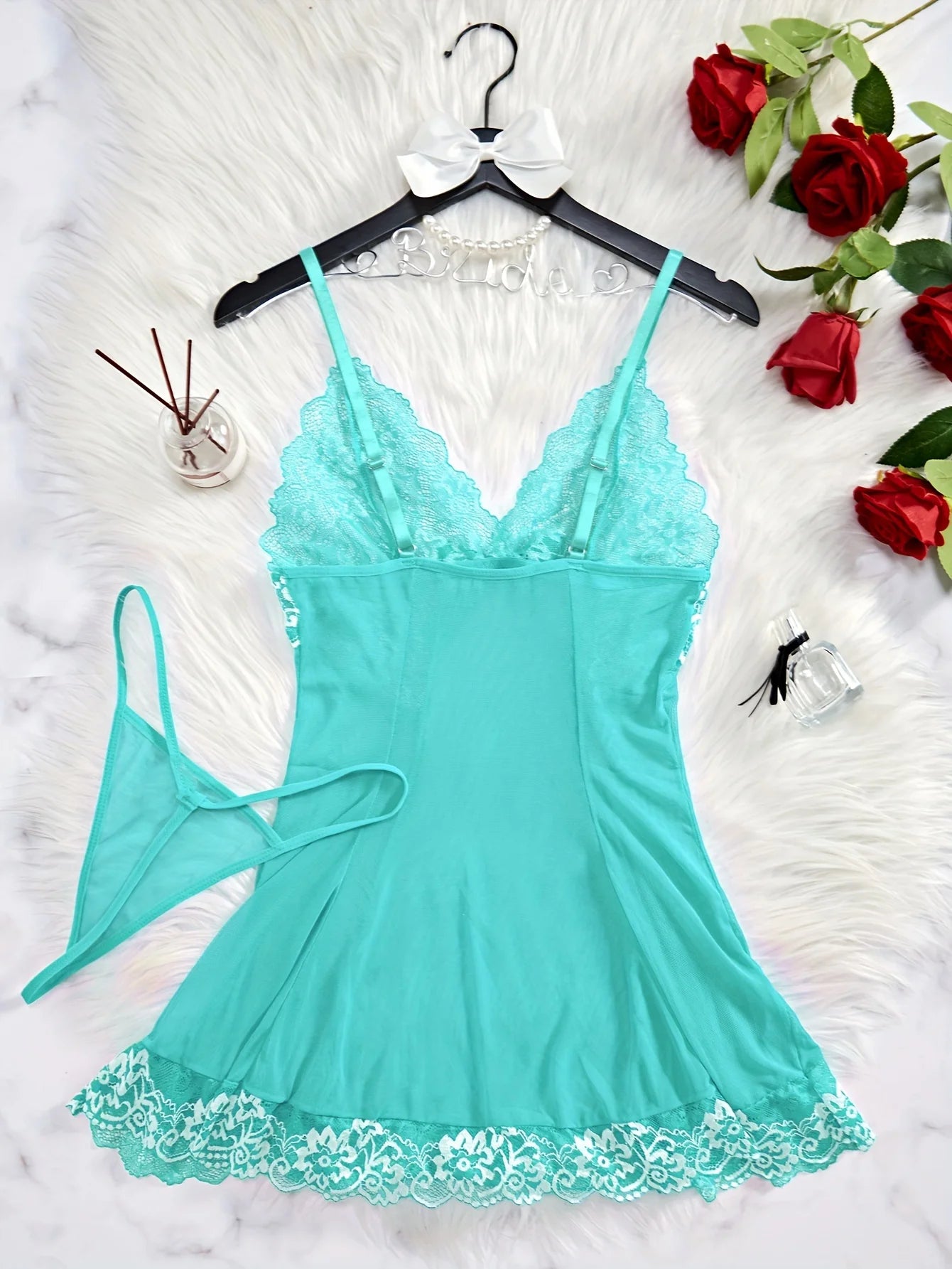 2 Piece Elegant Semi-Sheer Lace Slip Dress with Thong 