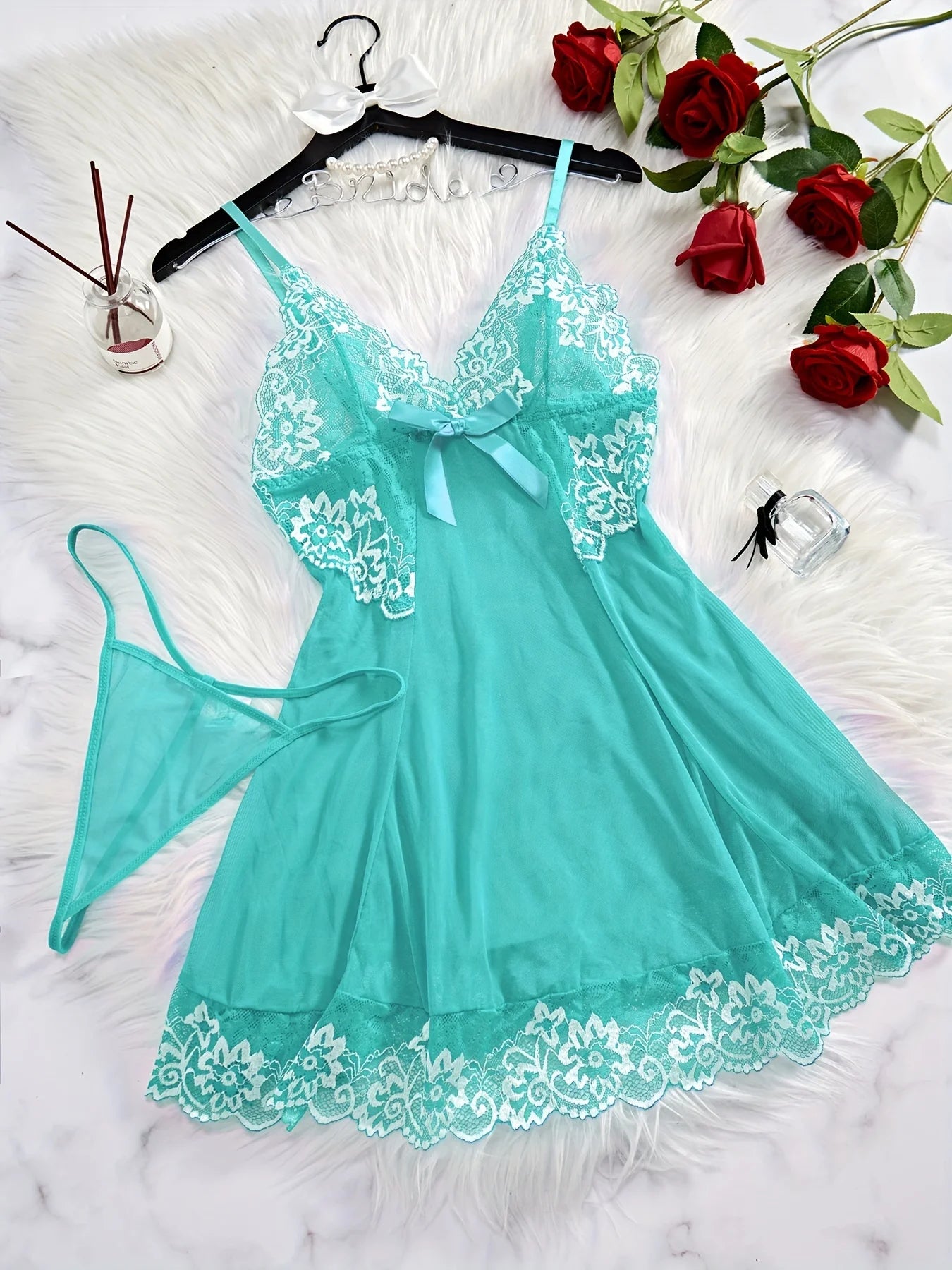 2 Piece Elegant Semi-Sheer Lace Slip Dress with Thong 