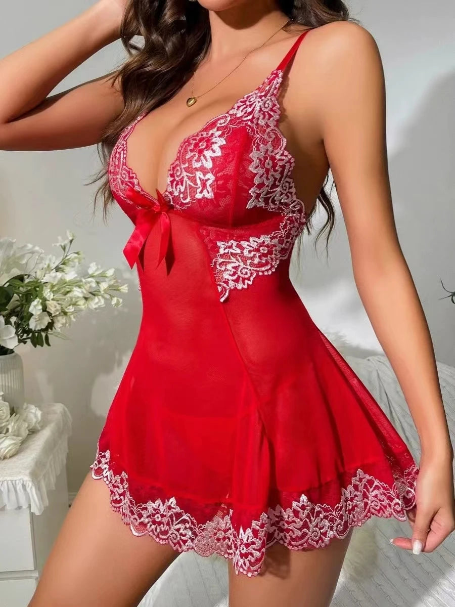 2 Piece Elegant Semi-Sheer Lace Slip Dress with Thong 