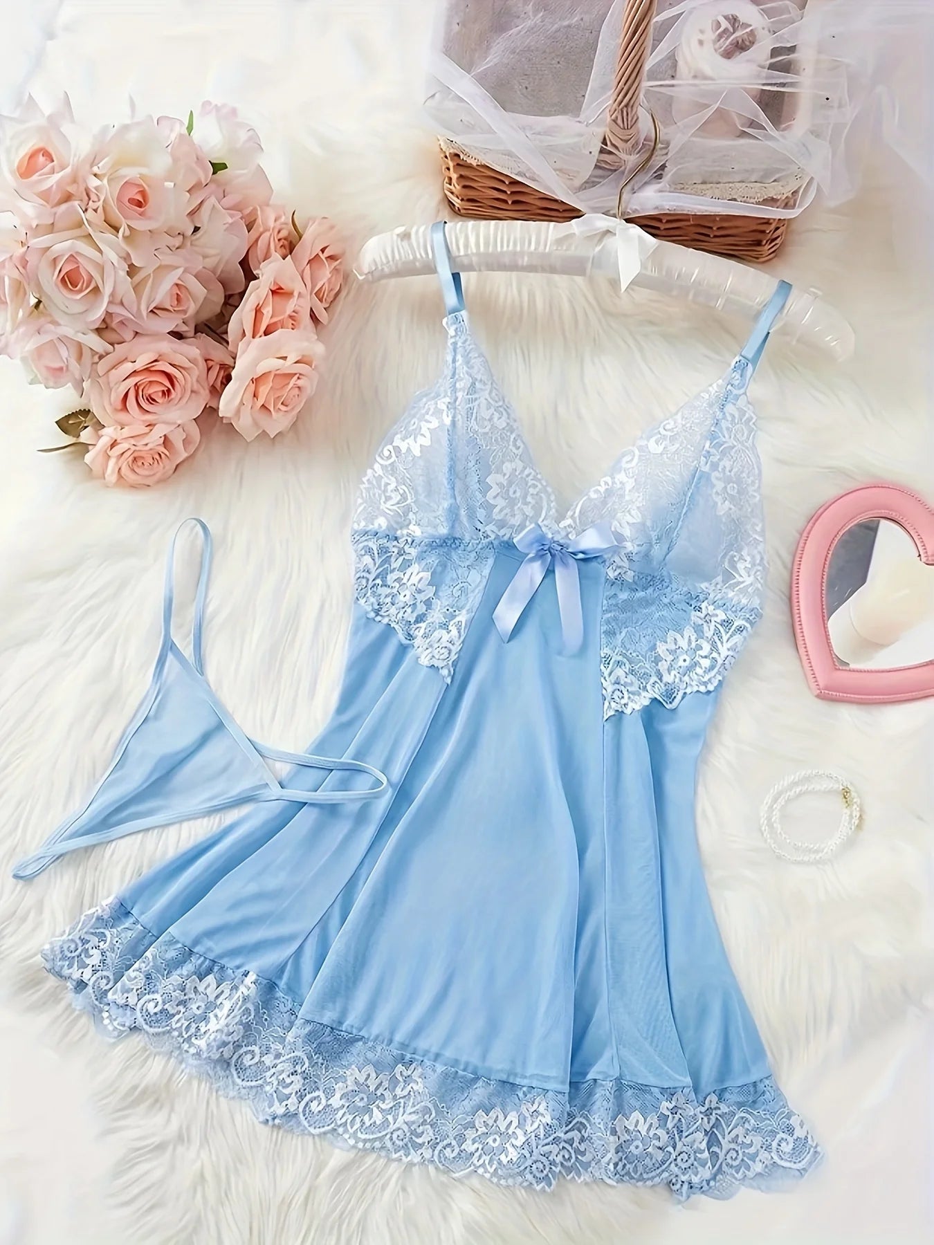 2 Piece Elegant Semi-Sheer Lace Slip Dress with Thong 