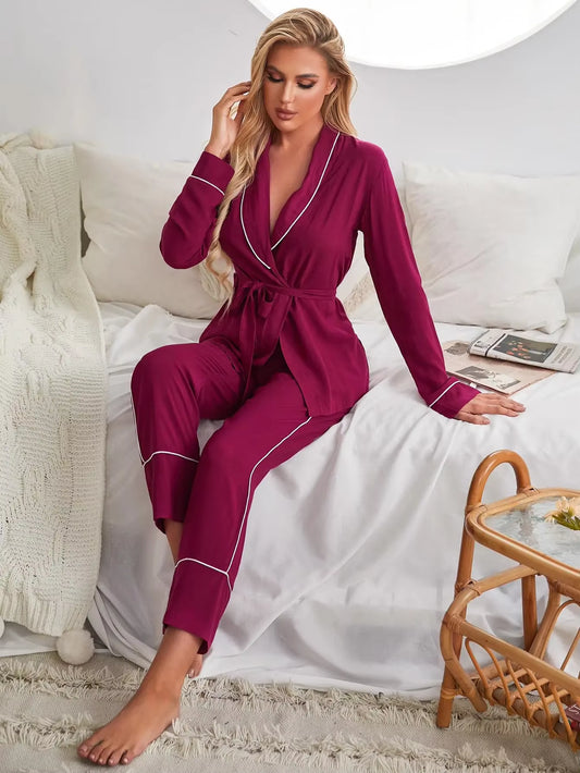 Solid 2 Piece Set – Wrap V-Neck Long Sleeve Top with Waist Belt & Long Pants