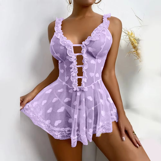 Sweetheart Fantasy: Lace Heart Mesh Babydoll Dress 