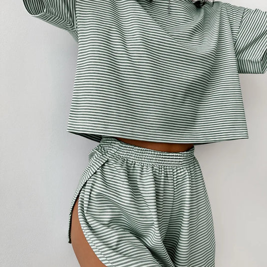 Stripe Knit Set – Short Sleeve Top & Flare Shorts 