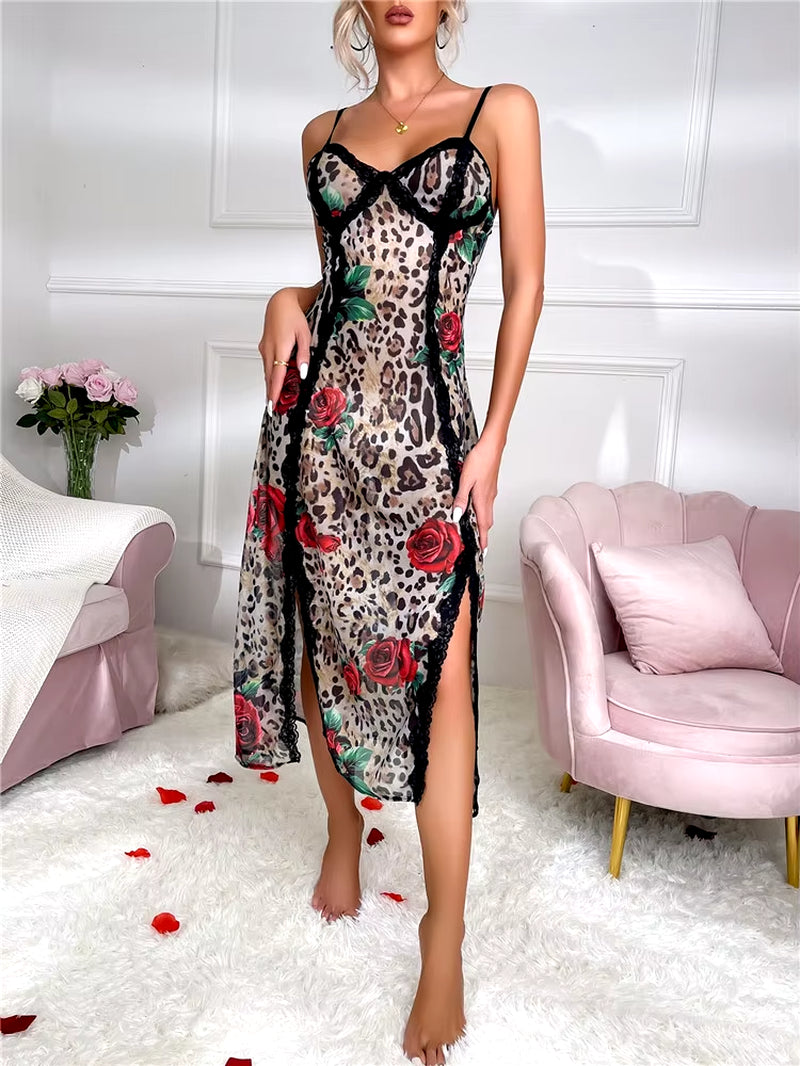 Sexy Rose & Leopard Print V-Neck Nightgown