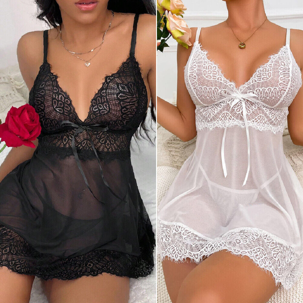  Sexy Nightwear Dress Lace Sleepwear G-String Set