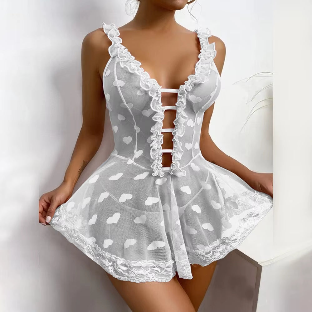 Sweetheart Fantasy: Lace Heart Mesh Babydoll Dress 