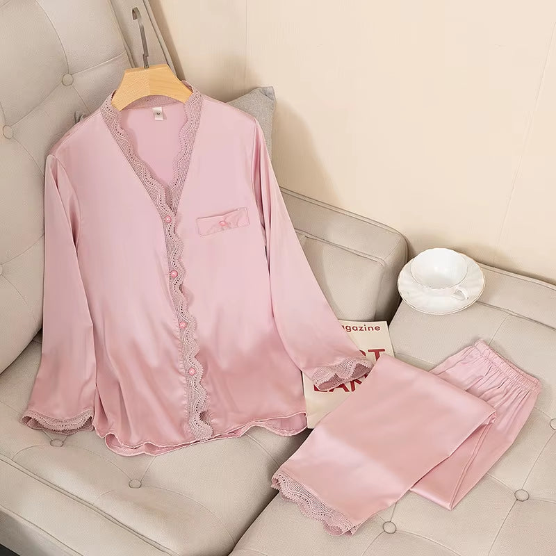 Casual Satin Pajama Set – Sexy 2-Piece Sleepwear with Shirt & Pants 